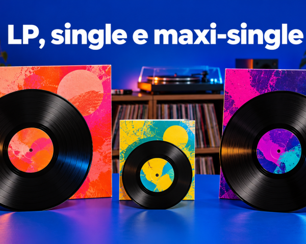 Discos de vinil de 7 e 12 polegadas sobre uma mesa.