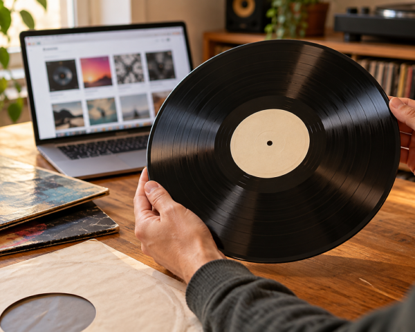 Pessoa examinando um disco de vinil usado, com capas e uma loja online no notebook ao fundo.